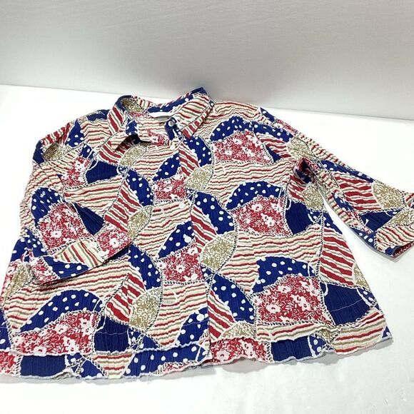 CJ Banks Colorful Patterned Blouse Crinkled Button Front Collar 1X Mid Sleeve - Picture 14 of 14